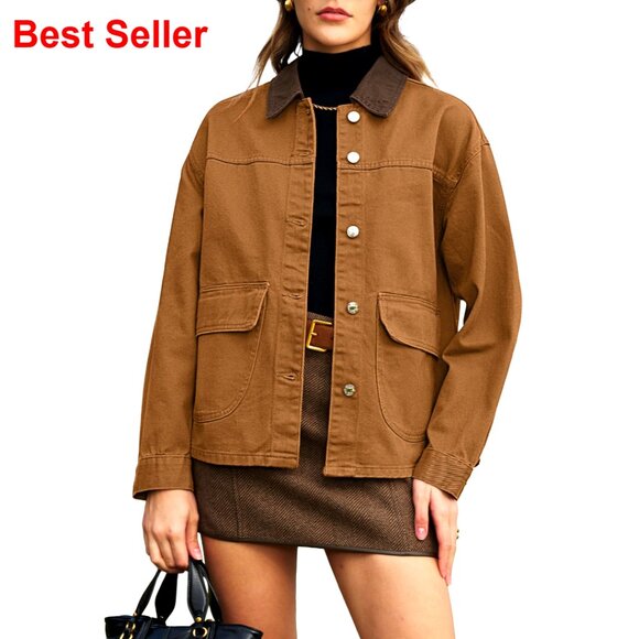 Oversized Denim Jacket Women's Boyfriend Fit Contrast Collar Button Down